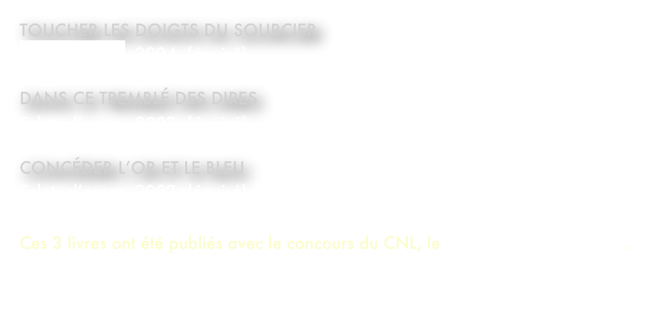 Toucher les doigts du sourcier
Eclats d’encre, 2004  (épuisé)

Dans ce tremblé des dires
Eclats d’encre, 2003  (épuisé)

Concéder l’or et le bleu
Eclats d’encre, 2002  (épuisé)

Ces 3 livres ont été publiés avec le concours du CNL, le Centre national du livre.
