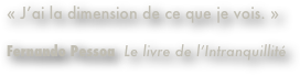 « J’ai la dimension de ce que je vois. »
 
Fernando Pessoa  Le livre de l’Intranquillité